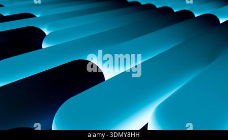 Ein dynamisches 3D-Bild mit abstrakten geometrischen Mustern in Blau und Schwarz. Die Komposition umfasst geschwungene Formen, die ein optisch auffälliges und erzeugen Stockfoto