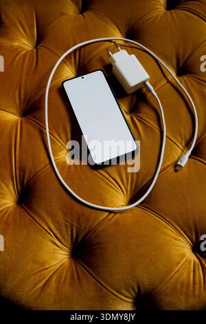 Ein modernes Smartphone mit leerem Bildschirm liegt auf einer luxuriösen Oberfläche aus Senfsamt, begleitet von einem weißen Ladekabel und Adapter, die den Text hervorheben Stockfoto