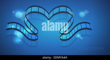 Filmrahmen mit herzförmigem Filmstreifen und blinkenden Lichtern auf blauem Hintergrund. Vorlage für Filmpremiere. Vektorabbildung Stock Vektor