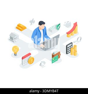Isometrisches Vektorkonzept eines Mannes mit Laptop und Geld- und Banksymbolen, in Farbe auf weißem Hintergrund, Online-Banking Stock Vektor