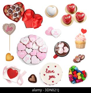 Verschiedene herzförmige Süßigkeiten isoliert auf weiß, Set. Valentinstag-Feier Stockfoto