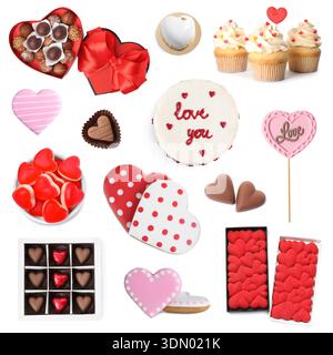 Herzförmige Süßigkeiten am Valentinstag isoliert auf weiß, Set Stockfoto