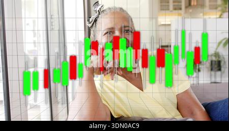 Liegende Frau in gelbem Oberteil, Schal auf Sofa, liegendes Kinn, Blick nach oben mit Kerzenüberzug Stockfoto