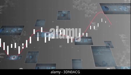 Anzeige weißer Kerzenständer mit roter geglätteter Trendlinie auf dunklem Raster, HUD-Panels und Etiketten Stockfoto