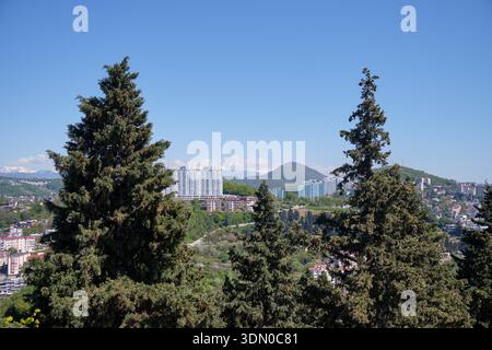 Der Blick von der Aussichtsplattform im Arboretum Park in östlicher Richtung auf den Gipfel des Mount Akhun und moderne Hotels und Wohnkomplexe. Sotschi, R Stockfoto