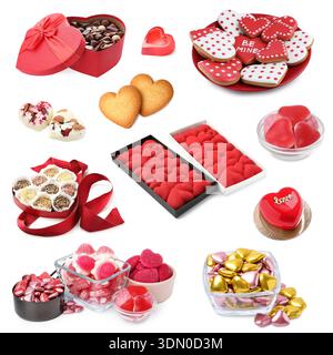 Verschiedene herzförmige Süßigkeiten für Valentinstag-Feier isoliert auf weiß, Set Stockfoto