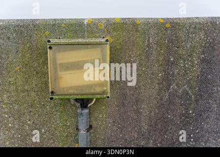 Ein moosbedeckter Betonblock hält einen alten Instrumentenkasten mit Drähten, sein dunkles Glasfenster deutet auf eine lange Nutzung in der Nähe von Salzluft hin, was auf Monitorin hindeutet Stockfoto