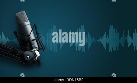 Das Podcast Studio-Setup zeigt Mikrofon- und Tonwellenmuster auf blauem Hintergrund an Stockfoto