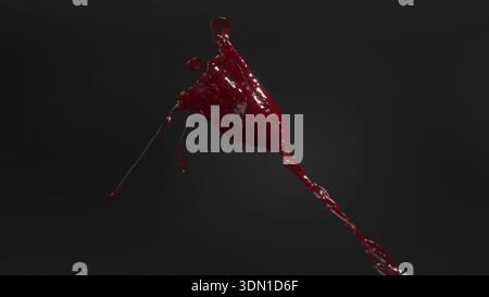 Blutspritzer mit rotem Flüssigkeitstropfen auf schwarzem BG 3D-Rendering Stockfoto