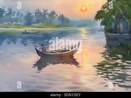 Morgensonnenaufgang im Hintergrund von Kerala Backwaters Stockfoto