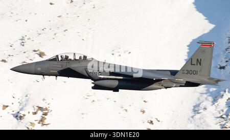 Cumbria, Großbritannien. Januar 2025. US Air Force F-15E Kampfflugzeuge von RAF Lakenheath, die eine Ausbildung auf niedrigem Niveau durchführen. Foto von Richard Holmes. Stockfoto
