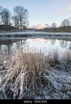 Elterwater, Lake District, Cumbria, Großbritannien. Januar 2025. Sonnenaufgang über dem Fluss Brathay. Foto von Richard Holmes. Stockfoto