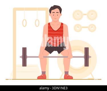 Gesunde Mann-Übung durch Heben der Hantel im Fitnessraum für Erhöhung der Muskelkraft für das Gesundheitswesen, das Krafttraining Workout, den Muskelaufbau und die Fitness Stock Vektor