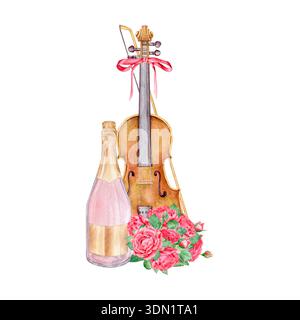 Romantische Komposition in Aquarellen mit Violine, rosa Sektflasche und rotem Rosenstrauß. Elegante musikalische Feier Illustration. Stockfoto