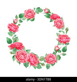 Aquarellkranz mit roten Rosen grünen Blättern handgezeichnet. Elegante runde Blumenleiste für Logo und Hochzeitsdesign. Stockfoto