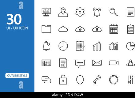 Große Sammlung von 30 professionellen Vektorsymbolen in dünner Linie. Dazu gehören Diagramme für Geschäftsdaten, Sicherheitssperren, Cloud-Computing, Benutzerprofile, e Stock Vektor