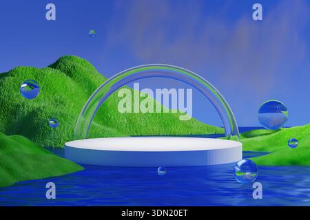Weißes Podium mit Glasbogen in blauer Wasserlandschaft. 3D-Rendering. Stockfoto