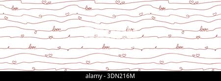 Nahtlose Kontur mit Herz und Inschrift Liebe. Valentinstag Hintergrund mit Herzen gezeichnet mit durchgehender roter Linie. Romantisches Vektormuster Stock Vektor