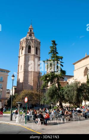MIcalet, Turm der Kathedrale. Plaza de la Reina, Valencia, Spanien. Stockfoto