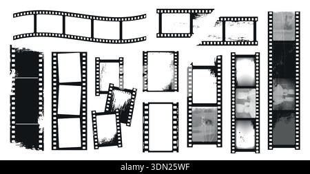 Filmstreifen-Rahmenset mit Kettenrahmen und Grunge-Textur für Filmcollagen, Fotovorlagen und Vintage-Storyboard-Design. Vektor Stock Vektor