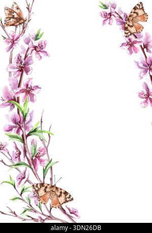 Vertikaler rechteckiger Rahmen mit blühenden Pfirsichzweigen und Schmetterlingen. Isolierte Aquarellillustration für die Gestaltung von Postkarten, Einladungen, in Stockfoto