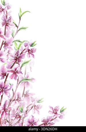 Ein vertikaler rechteckiger Rahmen mit blühenden Pfirsichzweigen und jungen Blättern. Isolierte Aquarellillustration für Postkarten, Einladungen, Inneneinrichtung Stockfoto