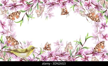 Ein rechteckiger Rahmen mit blühenden Pfirsichzweigen, Schmetterlingen und einem Vogel. Eine isolierte Aquarellillustration mit einem Frühlingsthema für Grußkarten, Stockfoto