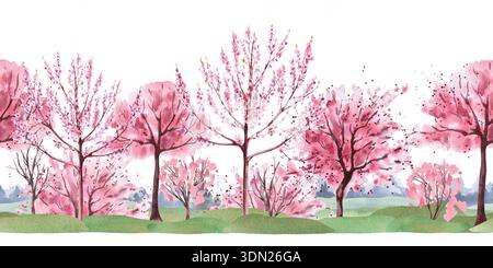 Eine nahtlose Grenze mit blühenden Bäumen auf Gras. Aquarelllandschaftsillustration für Innenarchitektur, Reise-Websites, Postkarten, Stoffdruck, A Stockfoto