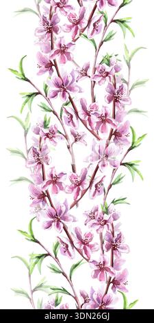 Eine nahtlose vertikale Grenze mit blühenden Pfirsichzweigen. Aquarellillustration für Innenarchitektur, Reise-Websites, Postkarten, Stoffdruck und Stockfoto