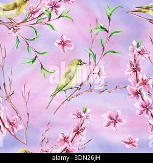 Ein nahtloses Muster mit Pfirsichzweigen und Vögeln auf einem Fliederhintergrund. Aquarellillustration für Verpackungsdesign, Stoffdruck, Innendesign Stockfoto