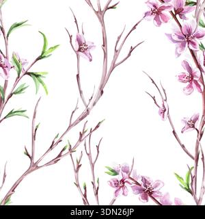 Ein nahtloses Muster mit zarten Pfirsichzweigen und Blüten. Aquarellillustration für Verpackungsdesign, Stoffdruck, Innendesign, Begrüßung Stockfoto