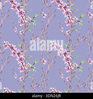 Nahtloses Muster mit Pfirsichzweigen und Blüten auf blauem Hintergrund. Aquarellillustration für Verpackungsdesign, Stoffdruck, Innendesign Stockfoto