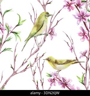 Nahtloses Muster mit Vögeln, Zweigen und Pfirsichblüten. Aquarellillustration für Verpackungsdesign, Stoffdruck, Innendesign, Begrüßung ca. Stockfoto