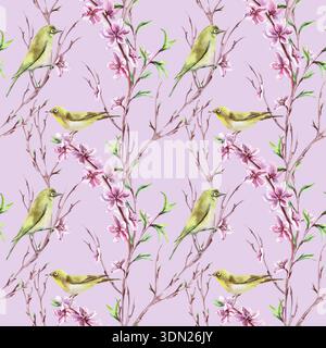 Ein nahtloses Muster mit Vögeln, Zweigen, Pfirsichblüten auf einem lilafarbenen Hintergrund. Aquarellillustration für Verpackungsdesign, Stoffdruck, Innenraum Stockfoto