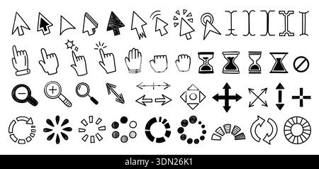 Cursor- und Zeigersymbole kritzeln. Linienpfeile und Handsymbole für Web-Benutzeroberfläche, Software und App-Schnittstelle. Handgezeichnete Umrisssymbole für Click-Computer Stock Vektor