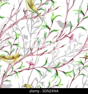 Ein nahtloses Muster mit diagonalen Federzweigen und Vögeln. Aquarellillustration für Verpackungsdesign, Stoffdruck, Innendesign, Gruß c Stockfoto