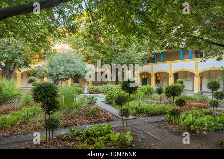 Ruhiger Innenhof und gelbe Bögen des Espace Van Gogh in Arles, Frankreich Stockfoto