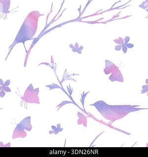 Ein nahtloses Muster mit Hintergrundsilhouetten von Vögeln auf Ästen, Schmetterlingen und Blumen. Aquarellabbildung für Verpackungsdesign, Stoff PR Stockfoto