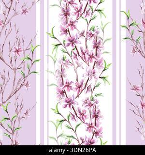 Ein nahtloses Muster aus zarten Pfirsichzweigen mit Blüten und Fliederstreifen. Aquarellillustration für Verpackungsdesign, Stoffdruck, Innenraum Stockfoto