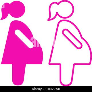 Zwei Stilfiguren für schwangere Frauen in Pink mit konturierten und durchgehenden Variationen. Mutterschaft, Pränatalpflege, Geburtshilfe, Medizin und Gesundheitswesen Stock Vektor