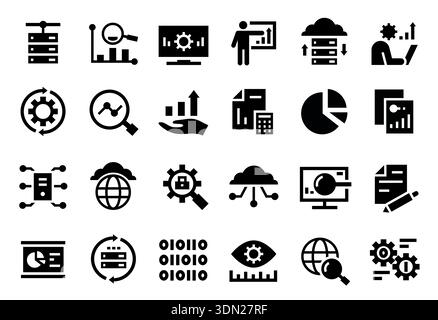 Symbole für Datenanalyse. Server-Clouds, Binärdiagramme und Cybersicherheit, Datenbank-Computer-Speicherung, Überwachung und Optimierung des Netzwerks, Hardware und Stock Vektor