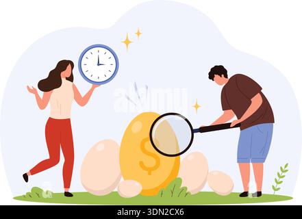Mann mit Lupe und Frau mit Uhr, die goldenes Ei untersucht, das Finanzwachstum, Gewinn, Belohnung und Investition in moderner flacher Art isolierter Vektor-Illustration symbolisiert Stock Vektor