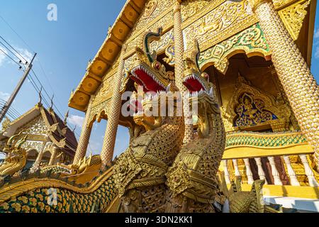 Dok kham Tai, Phayao, Thailand - 8. Februar 2026: Wat Don Chai, komplizierte goldene Drachenskulpturen zieren den Eingang eines atemberaubenden Tempels, Schaukaskin Stockfoto
