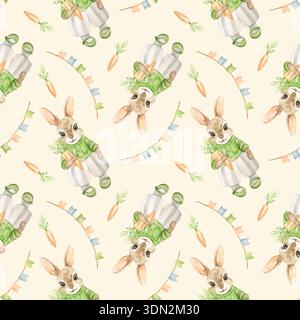 Kaninchen mit nahtlosem Karottenmuster für Ostern und Kinder. Handgezeichnete Aquarellillustration auf beigefarbenem Hintergrund. Pastell Clip Art für f Stockfoto
