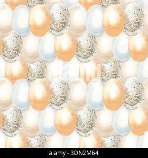 Nahtloses Ostermuster mit gemalten Eiern in Pastellfarben. Handgezeichnete Aquarellillustration. Festliche ClipArt für Stoff, Geschenkpapier und Karten. Stockfoto