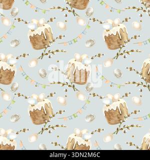 Nahtloses Ostermuster mit bemalten Eiern, Kuchen, Weidenzweigen und Flaggengirlanden. Handgezeichnete Aquarellillustration auf blauem Hintergrund. Einfügen Stockfoto