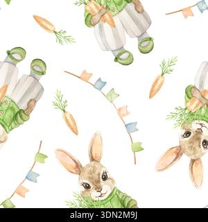 Kaninchen mit nahtlosem Karottenmuster für Ostern und Kinder. Handgezeichnete Aquarellillustration isoliert. Pastell-Clip-Art für Stoff, Wrappi Stockfoto