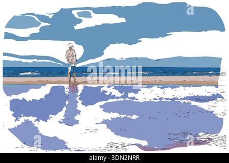 Impressionistisches Gemälde im Skizzenstil, Mann am Strand, digitales Illustrationsvektorbild Stock Vektor