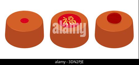 Nian Gao, traditioneller chinesischer Neujahrskuchen. Mit Datum oder rotem Kreis mit chinesischem Symbol für „viel Glück“. Einfache Vektorgrafik-Illustration. Stock Vektor