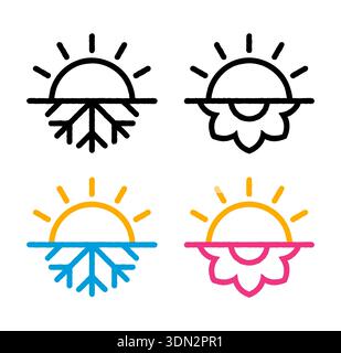 Sommer- und Wintersonnenwende oder Tagundnachtgleiche. Halb Sonne, halb Schneeflocke im Winter, Blume im Sommer. Minimales, handgezeichnetes abstraktes Logo oder Symbol. Stock Vektor